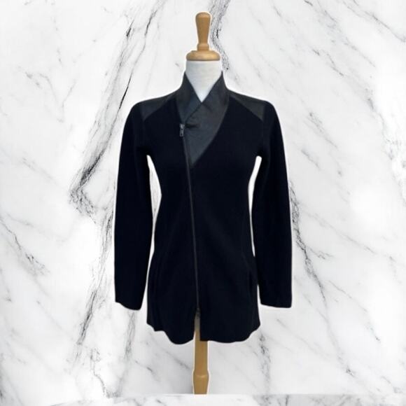 Eileen Fisher Petite Moto Jacket Sz PP Merino Wool Leather Long Zip Minimalist - Picture 1 of 14